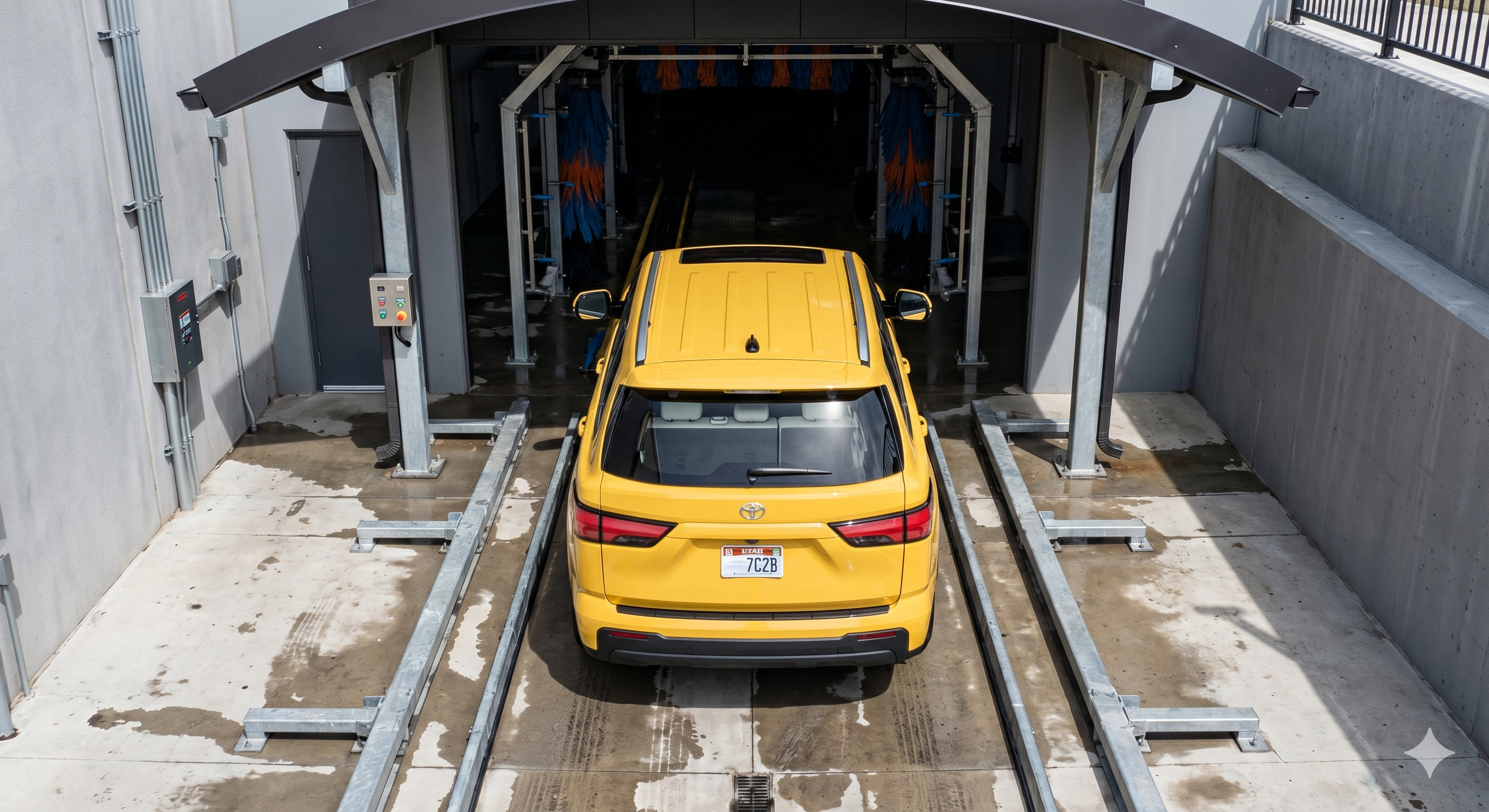 Yellow SUV centered approach